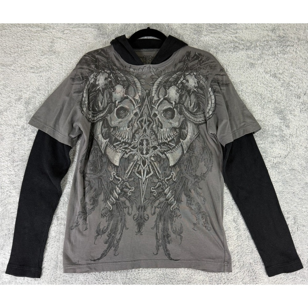 Y2K MMA Elite Skull Layered Thermal Waffle Knit Hooded Shirt M Gray Grunge Punk